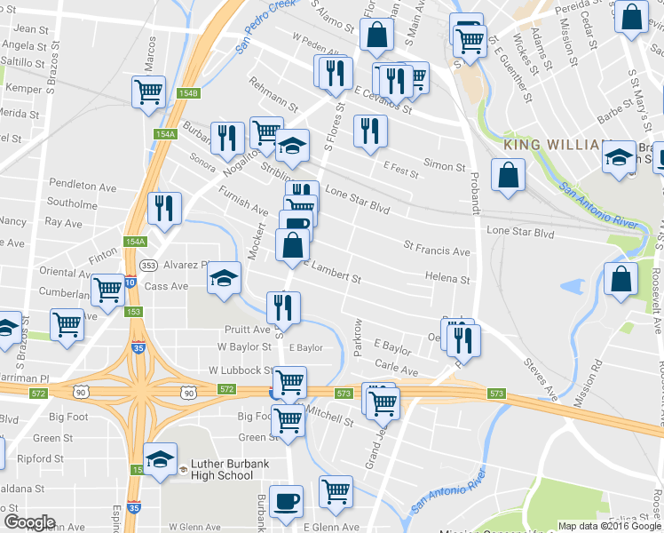 map of restaurants, bars, coffee shops, grocery stores, and more near 143 East Lambert Street in San Antonio