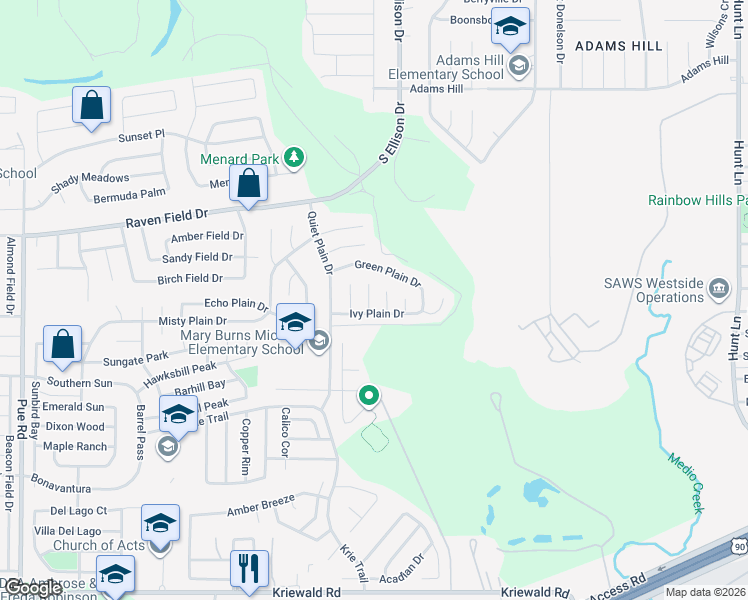 map of restaurants, bars, coffee shops, grocery stores, and more near 2930 Broad Plain Drive in San Antonio