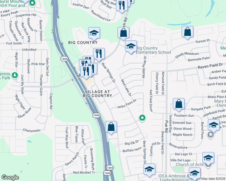 map of restaurants, bars, coffee shops, grocery stores, and more near 11414 Cedar Corral Drive in San Antonio