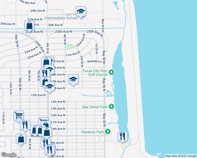 map of restaurants, bars, coffee shops, grocery stores, and more near 20 17th Avenue North in Texas City