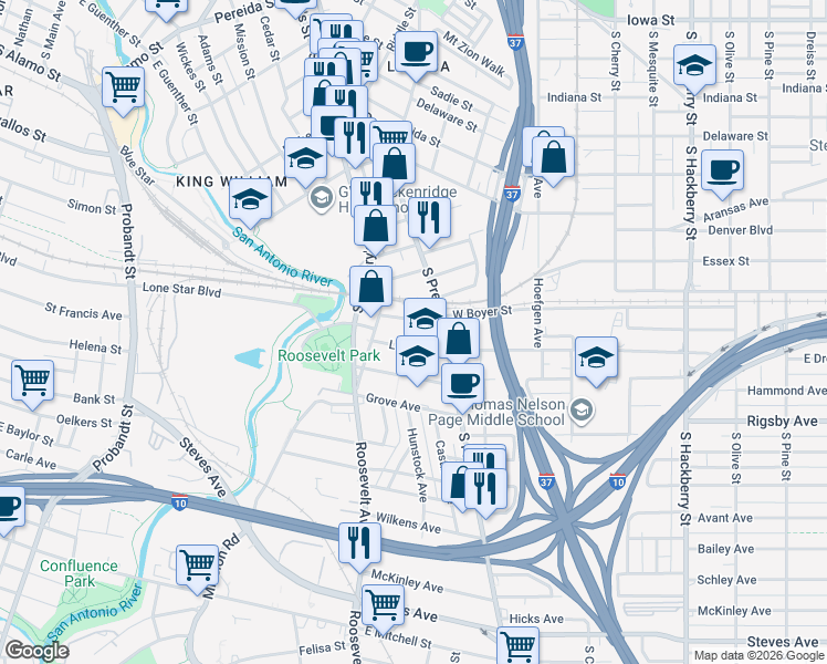 map of restaurants, bars, coffee shops, grocery stores, and more near 208 Hunstock Avenue in San Antonio