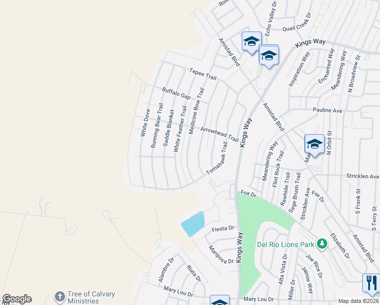 map of restaurants, bars, coffee shops, grocery stores, and more near 212 Medicine Bow Trail in Del Rio