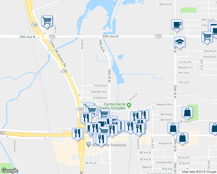 map of restaurants, bars, coffee shops, grocery stores, and more near 3401 Cherry Avenue in Texas City