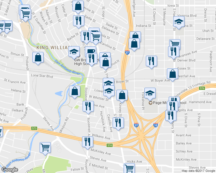 map of restaurants, bars, coffee shops, grocery stores, and more near 2008 South Presa Street in San Antonio
