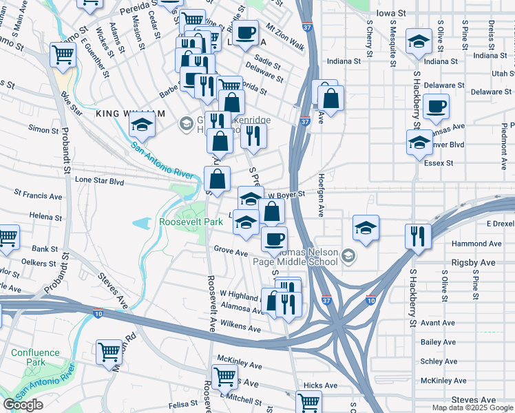 map of restaurants, bars, coffee shops, grocery stores, and more near 2008 South Presa Street in San Antonio