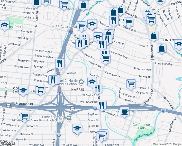 map of restaurants, bars, coffee shops, grocery stores, and more near 313 Mockert in San Antonio