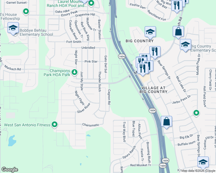 map of restaurants, bars, coffee shops, grocery stores, and more near 2902 Sunday Song in San Antonio