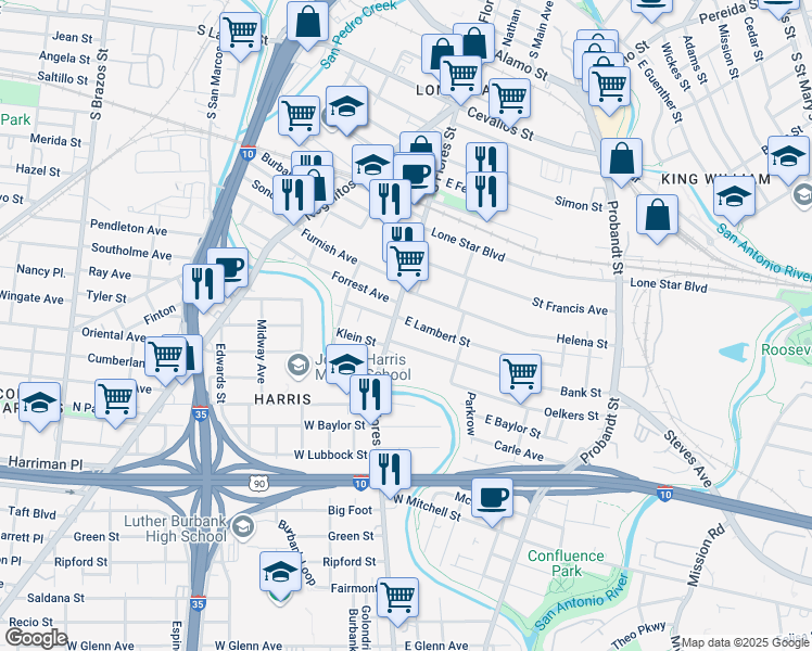 map of restaurants, bars, coffee shops, grocery stores, and more near 106 East Lambert Street in San Antonio