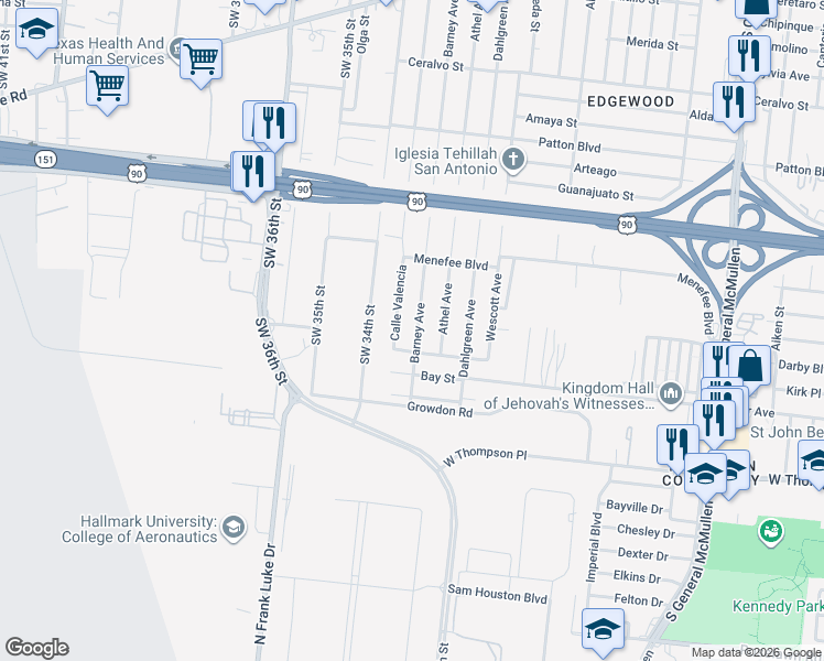 map of restaurants, bars, coffee shops, grocery stores, and more near 2611 Barney Avenue in San Antonio