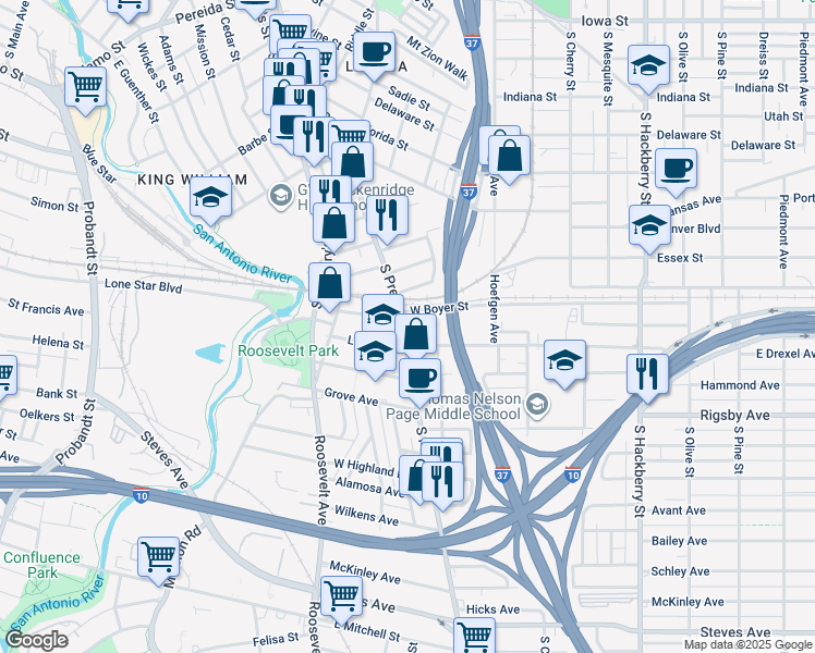 map of restaurants, bars, coffee shops, grocery stores, and more near 2008 South Presa Street in San Antonio