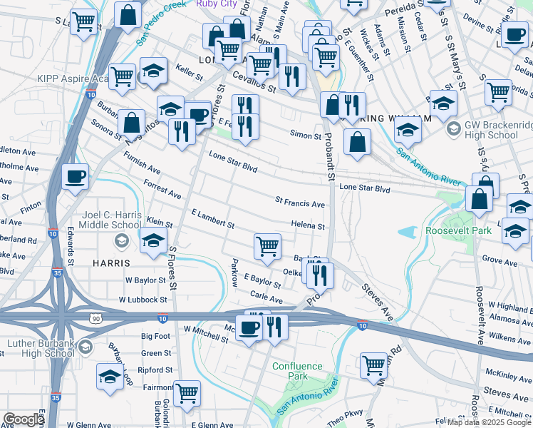 map of restaurants, bars, coffee shops, grocery stores, and more near 251 Helena Street in San Antonio