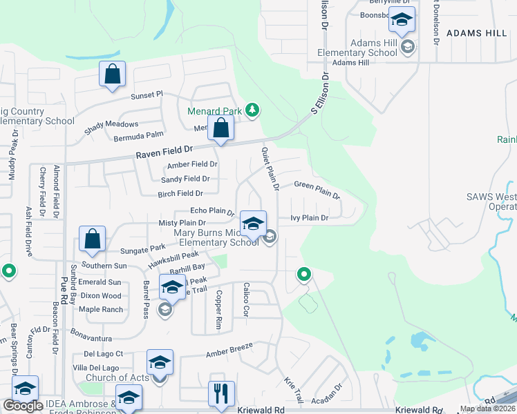 map of restaurants, bars, coffee shops, grocery stores, and more near 2945 Moss Plain Drive in San Antonio