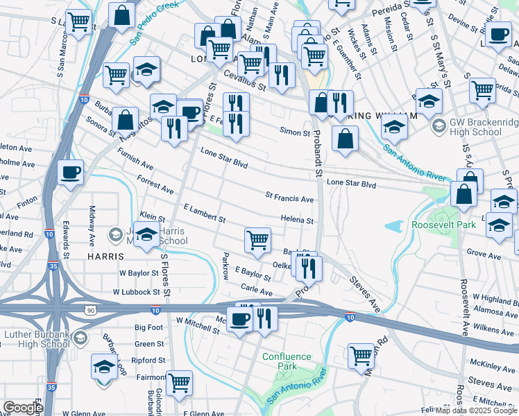map of restaurants, bars, coffee shops, grocery stores, and more near 251 Helena Street in San Antonio