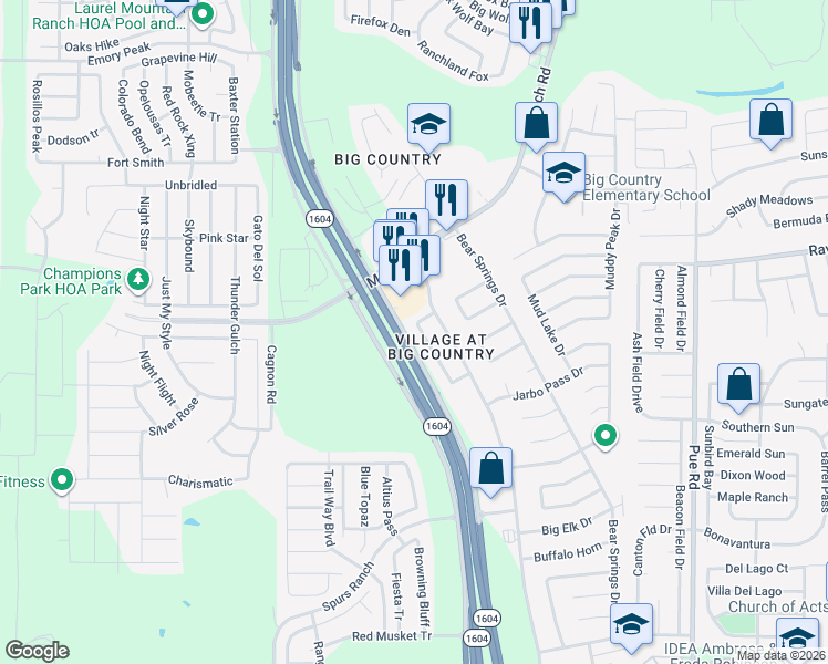 map of restaurants, bars, coffee shops, grocery stores, and more near 2415 Westgard Pass in San Antonio