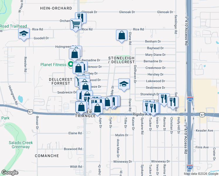 map of restaurants, bars, coffee shops, grocery stores, and more near 4718 Seabreeze Drive in San Antonio