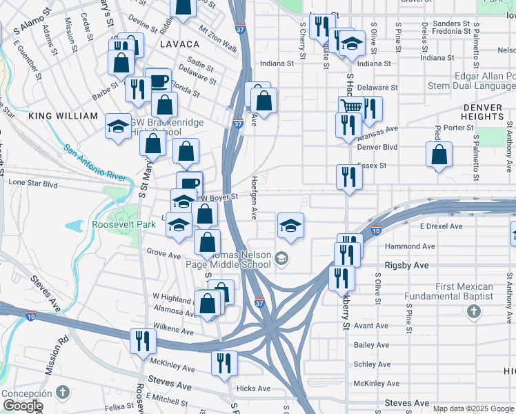 map of restaurants, bars, coffee shops, grocery stores, and more near 1531 Hoefgen Avenue in San Antonio