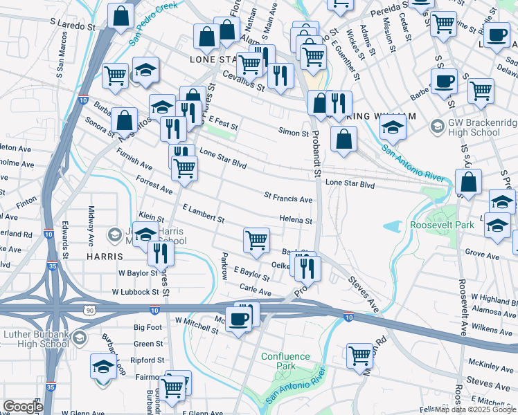 map of restaurants, bars, coffee shops, grocery stores, and more near 251 Helena Street in San Antonio