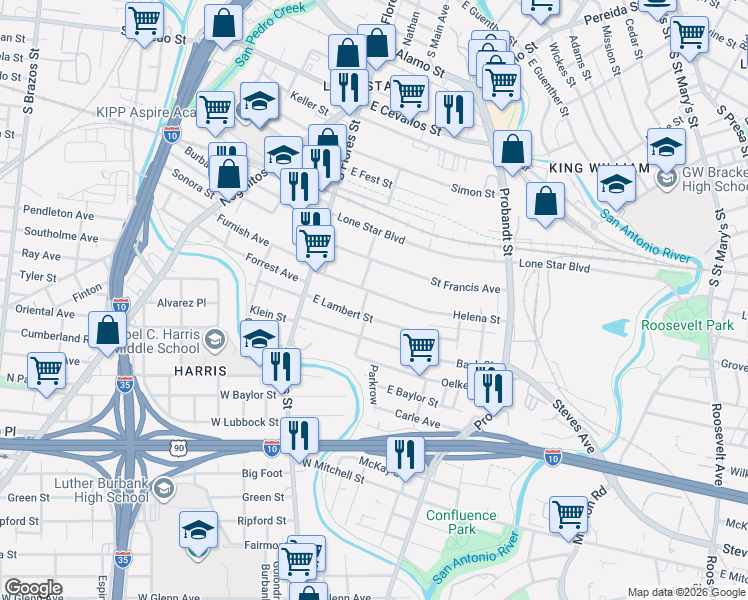 map of restaurants, bars, coffee shops, grocery stores, and more near 210 Helena Street in San Antonio