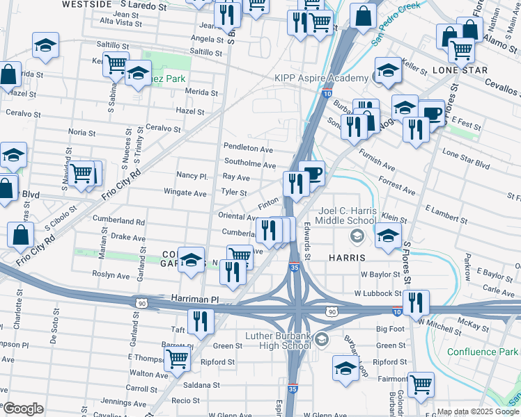 map of restaurants, bars, coffee shops, grocery stores, and more near 163 Oriental Avenue in San Antonio