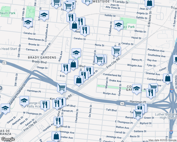 map of restaurants, bars, coffee shops, grocery stores, and more near 2404 South Calaveras Street in San Antonio