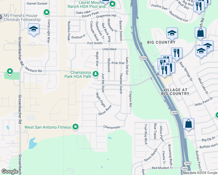 map of restaurants, bars, coffee shops, grocery stores, and more near 11139 War Emblem in San Antonio