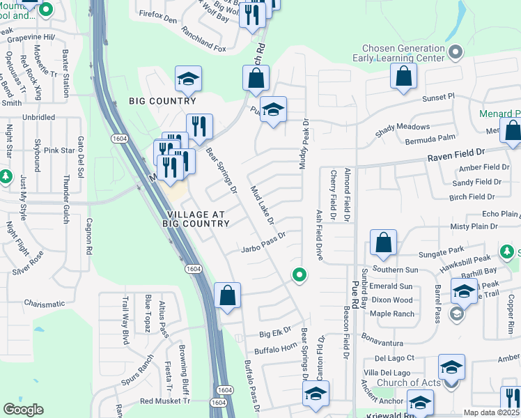 map of restaurants, bars, coffee shops, grocery stores, and more near 2606 Mud Lake Drive in San Antonio