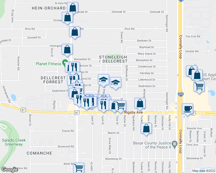 map of restaurants, bars, coffee shops, grocery stores, and more near 4806 Seabreeze Drive in San Antonio