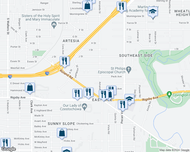 map of restaurants, bars, coffee shops, grocery stores, and more near 1630 Peck Avenue in San Antonio