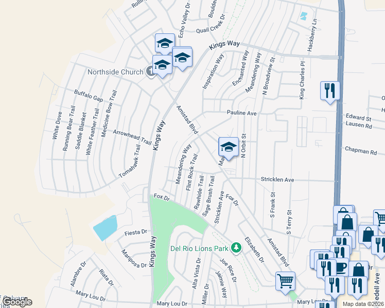 map of restaurants, bars, coffee shops, grocery stores, and more near 93 Flint Rock Trail in Del Rio