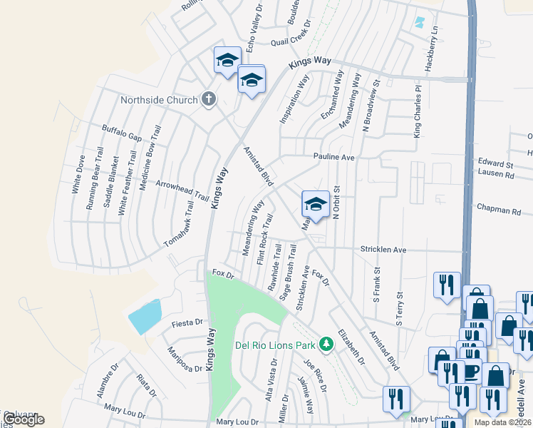 map of restaurants, bars, coffee shops, grocery stores, and more near 93 Flint Rock Trail in Del Rio