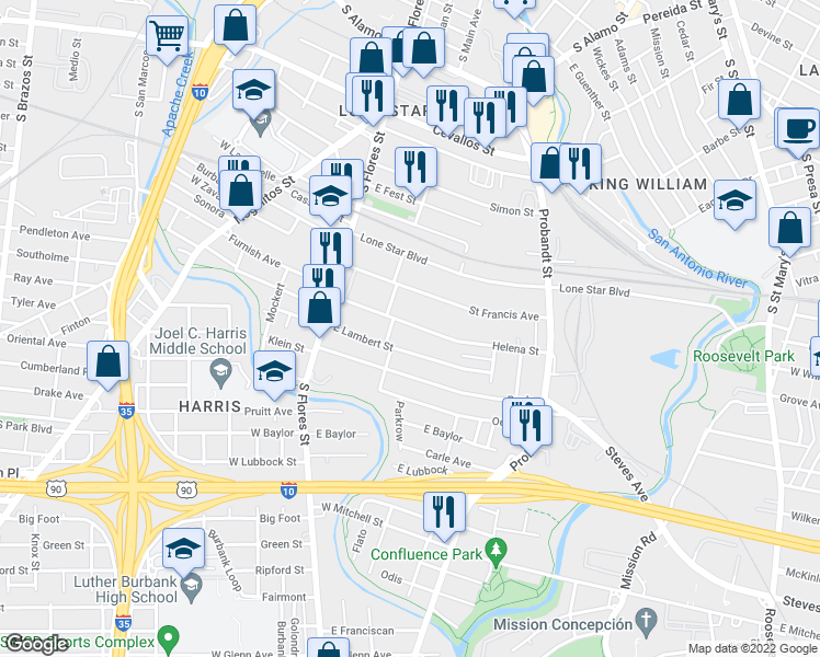 map of restaurants, bars, coffee shops, grocery stores, and more near 210 Helena Street in San Antonio