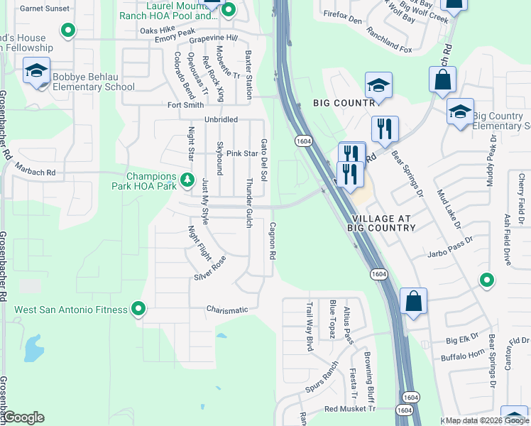 map of restaurants, bars, coffee shops, grocery stores, and more near 2902 Sunday Song in San Antonio