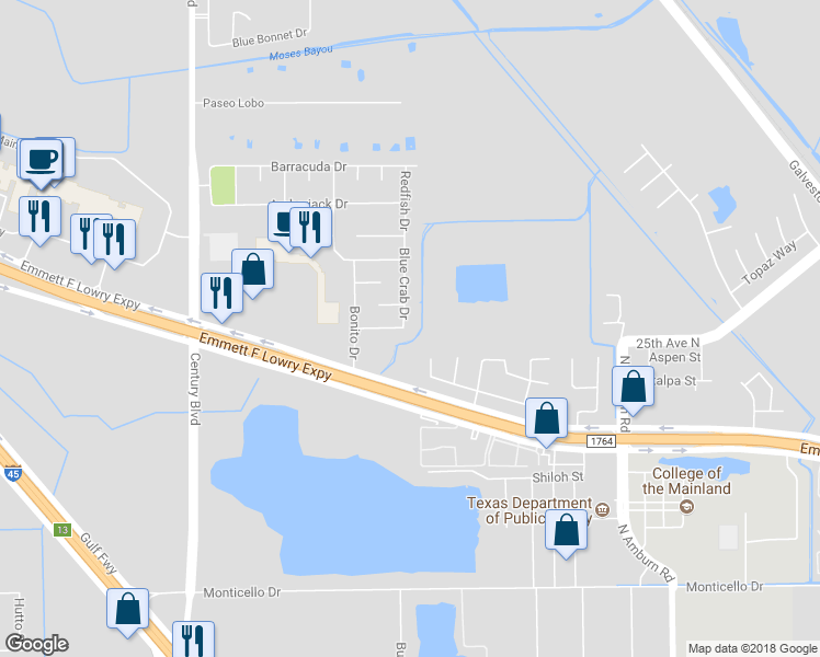 map of restaurants, bars, coffee shops, grocery stores, and more near 1904 Redfish Drive in Texas City
