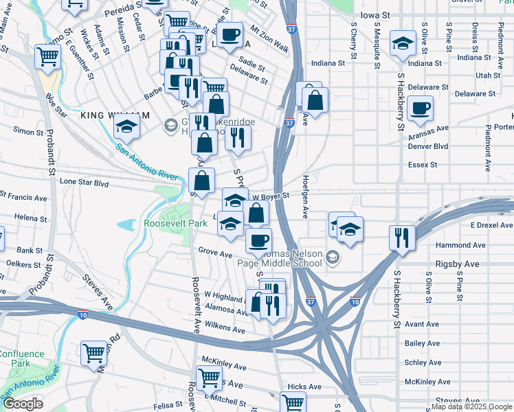 map of restaurants, bars, coffee shops, grocery stores, and more near 2008 South Presa Street in San Antonio