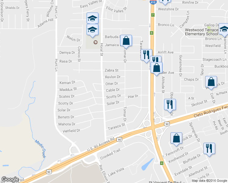 map of restaurants, bars, coffee shops, grocery stores, and more near 326 Cable Dr in San Antonio