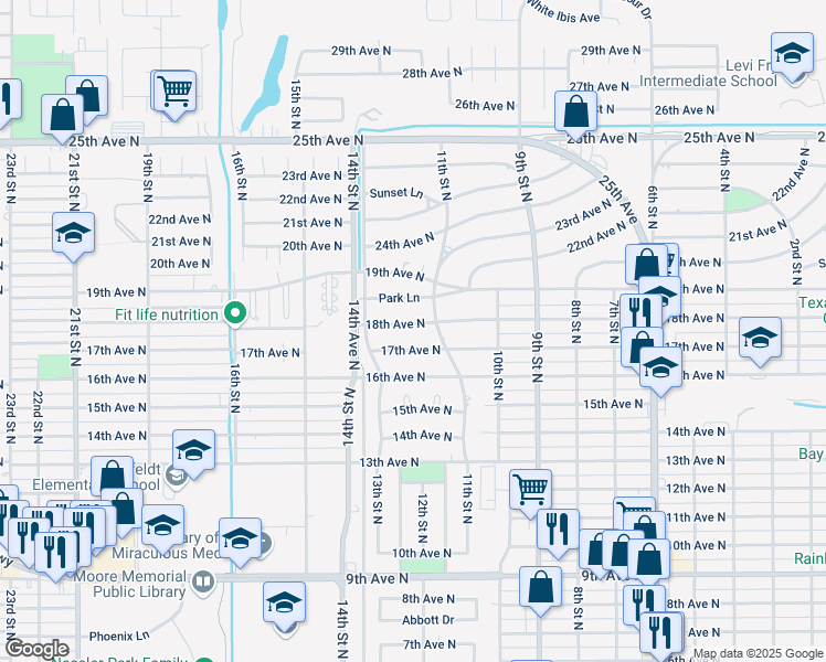 map of restaurants, bars, coffee shops, grocery stores, and more near 1119 18th Avenue North in Texas City