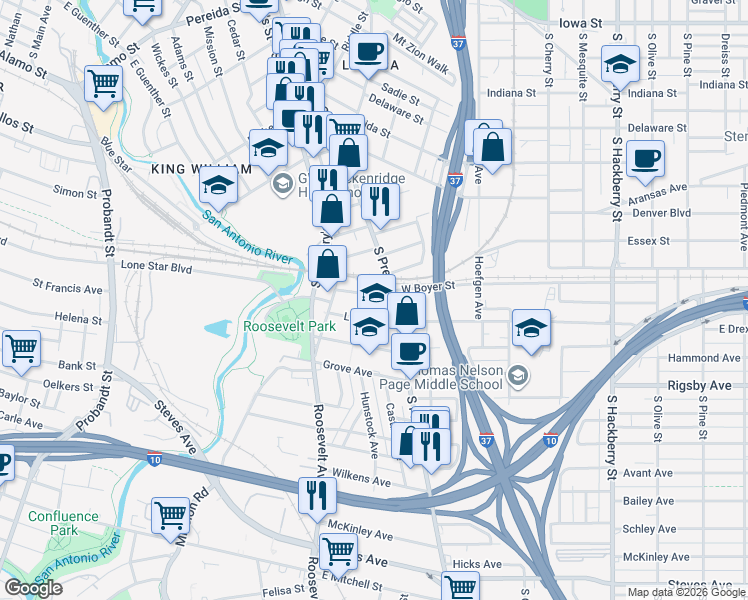 map of restaurants, bars, coffee shops, grocery stores, and more near 208 Hunstock Avenue in San Antonio
