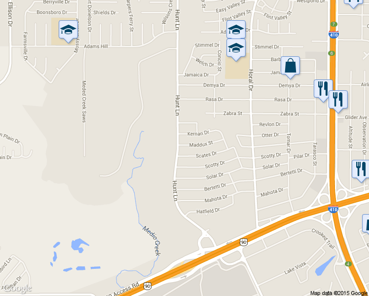 map of restaurants, bars, coffee shops, grocery stores, and more near 542 Maddux Street in San Antonio