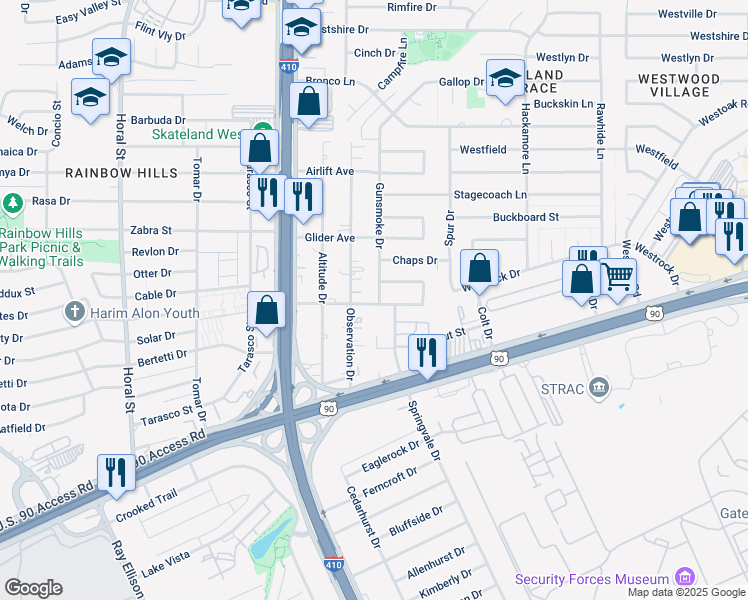 map of restaurants, bars, coffee shops, grocery stores, and more near 2723 Gunsmoke Drive in San Antonio