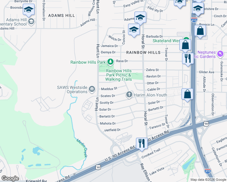 map of restaurants, bars, coffee shops, grocery stores, and more near 506 Maddux Street in San Antonio