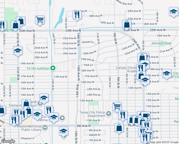 map of restaurants, bars, coffee shops, grocery stores, and more near 1129 18th Avenue North in Texas City