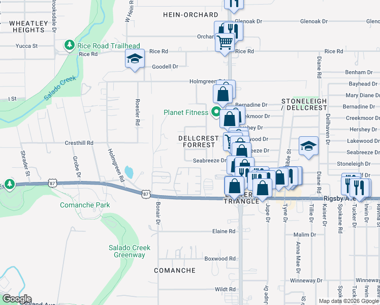 map of restaurants, bars, coffee shops, grocery stores, and more near 4406 Jamestown Drive in San Antonio