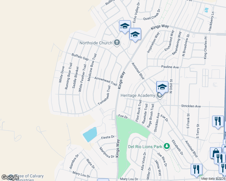 map of restaurants, bars, coffee shops, grocery stores, and more near 207 Tomahawk Trail in Del Rio
