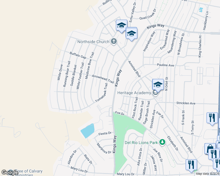 map of restaurants, bars, coffee shops, grocery stores, and more near 207 Tomahawk Trail in Del Rio