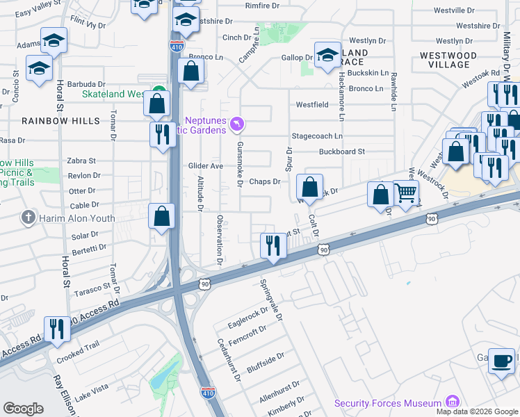 map of restaurants, bars, coffee shops, grocery stores, and more near 7827 Landing Avenue in San Antonio