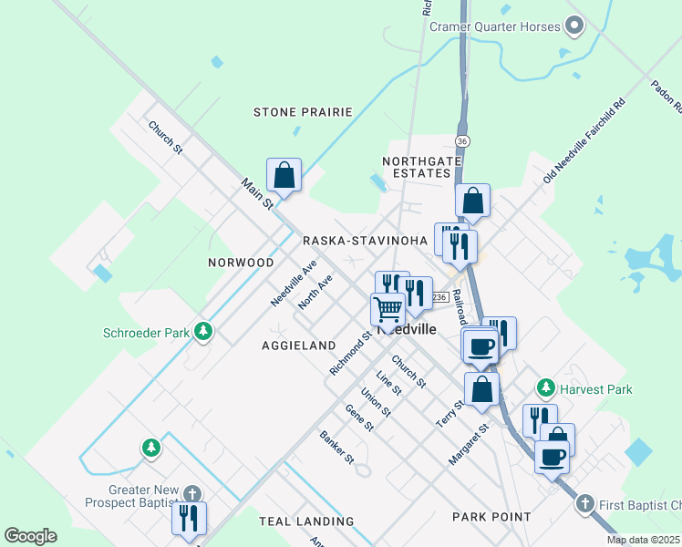 map of restaurants, bars, coffee shops, grocery stores, and more near 8606 Main Street in Needville