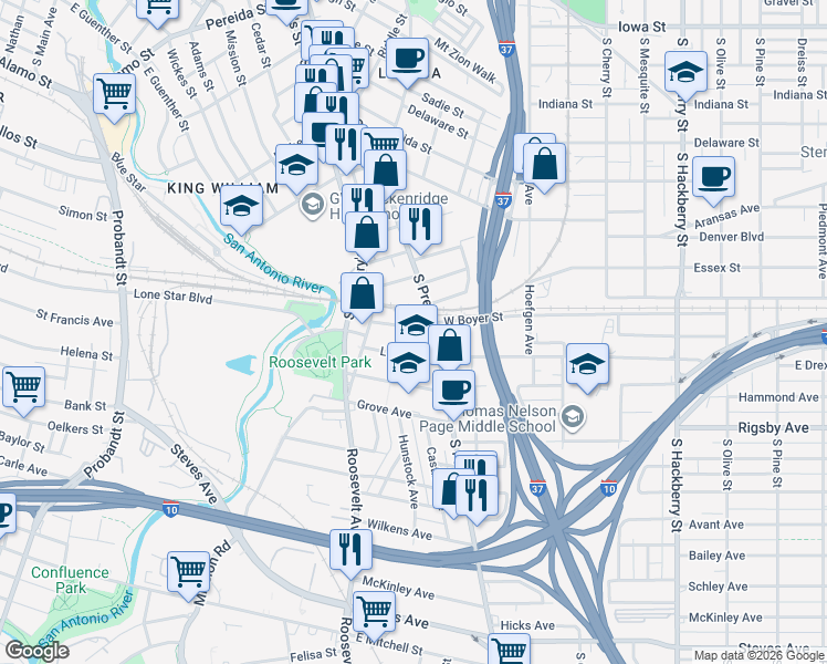 map of restaurants, bars, coffee shops, grocery stores, and more near 208 Hunstock Avenue in San Antonio