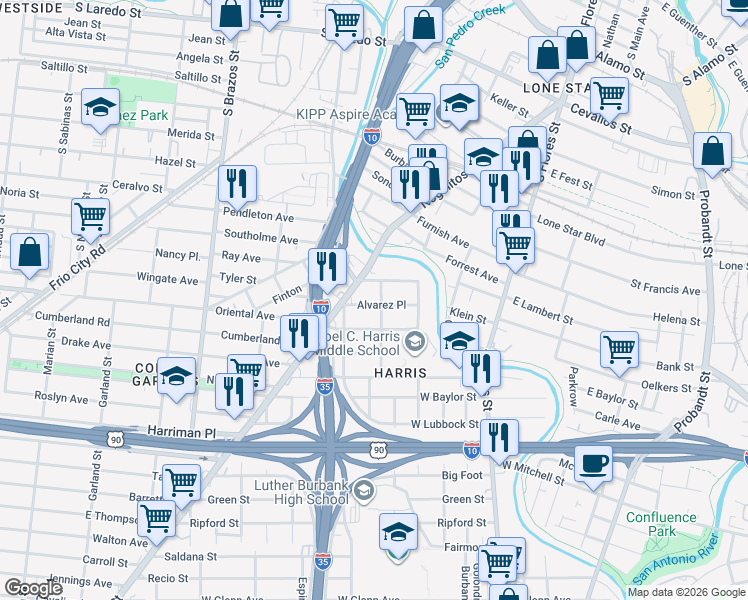 map of restaurants, bars, coffee shops, grocery stores, and more near 210 Alvarez Place in San Antonio