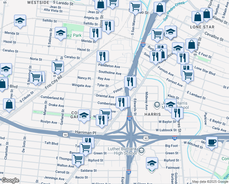 map of restaurants, bars, coffee shops, grocery stores, and more near 163 Oriental Avenue in San Antonio
