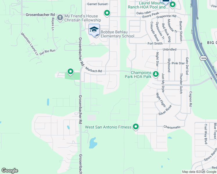 map of restaurants, bars, coffee shops, grocery stores, and more near 2938 Lindenwood Run in San Antonio